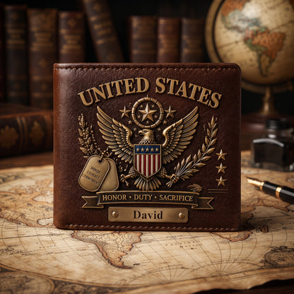 United States Veteran Personalized Wallet – Honor Duty Sacrifice Patriotic Eagle Custom Name Leather Wallet, Military Appreciation Gift