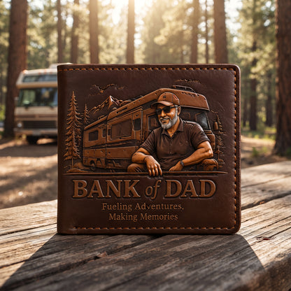 Personalized RV Dad Leather Wallet – Custom Camping Gift for Father, Adventure Lover & Road Trip Dad