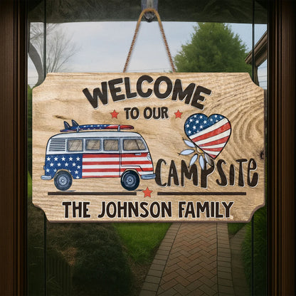 Welcome To Our Campsite, Wood Sign, Gift For Camping and Travel Lovers - Personalized Camping Wood Sign