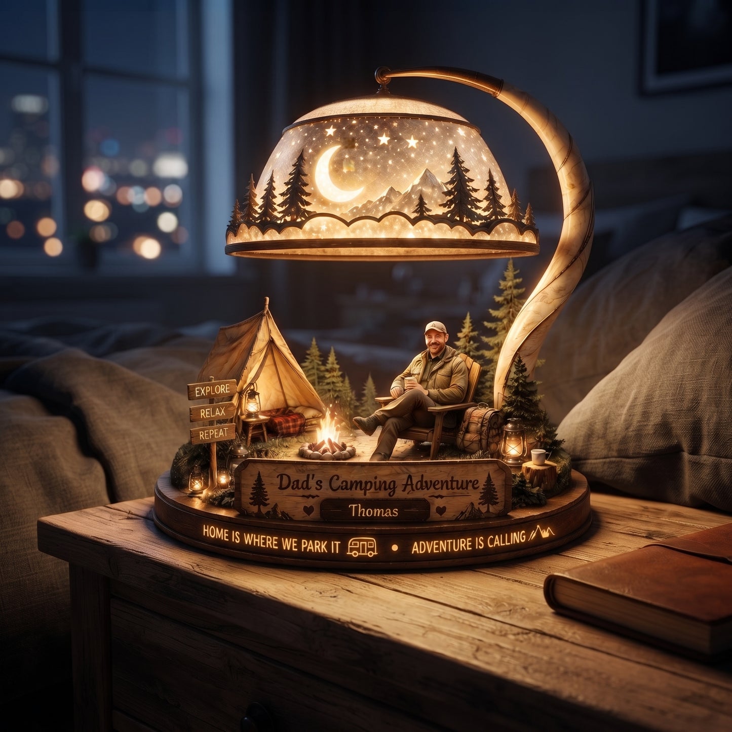 Personalized Dad’s Camping Adventure Acrylic LED Night Light – Custom Camper Name Campfire Decor Gift