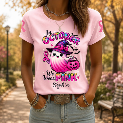 Personalized In October We Wear Pink Ghost Halloween Shirt - Custom Name Breast Cancer Awareness T-Shirt