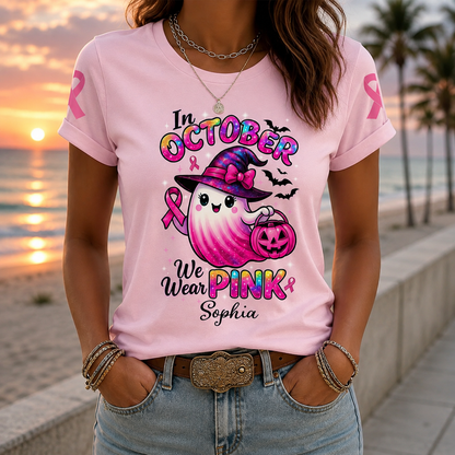 Personalized In October We Wear Pink Ghost Halloween Shirt - Custom Name Breast Cancer Awareness T-Shirt