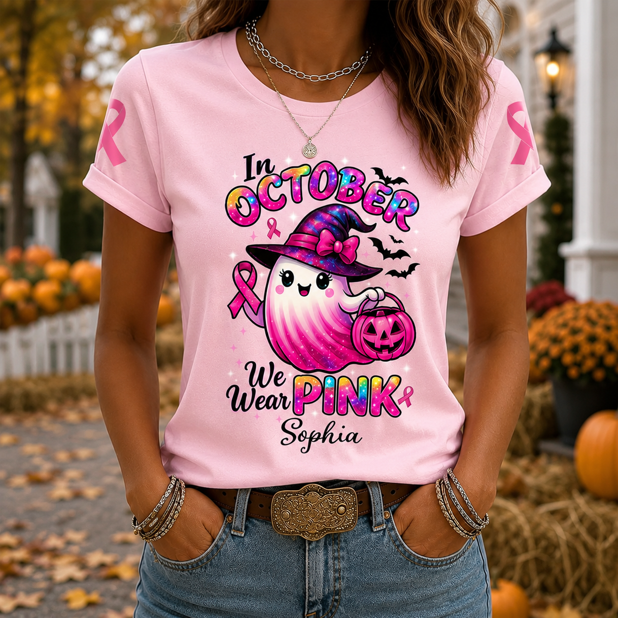 Personalized In October We Wear Pink Ghost Halloween Shirt - Custom Name Breast Cancer Awareness T-Shirt