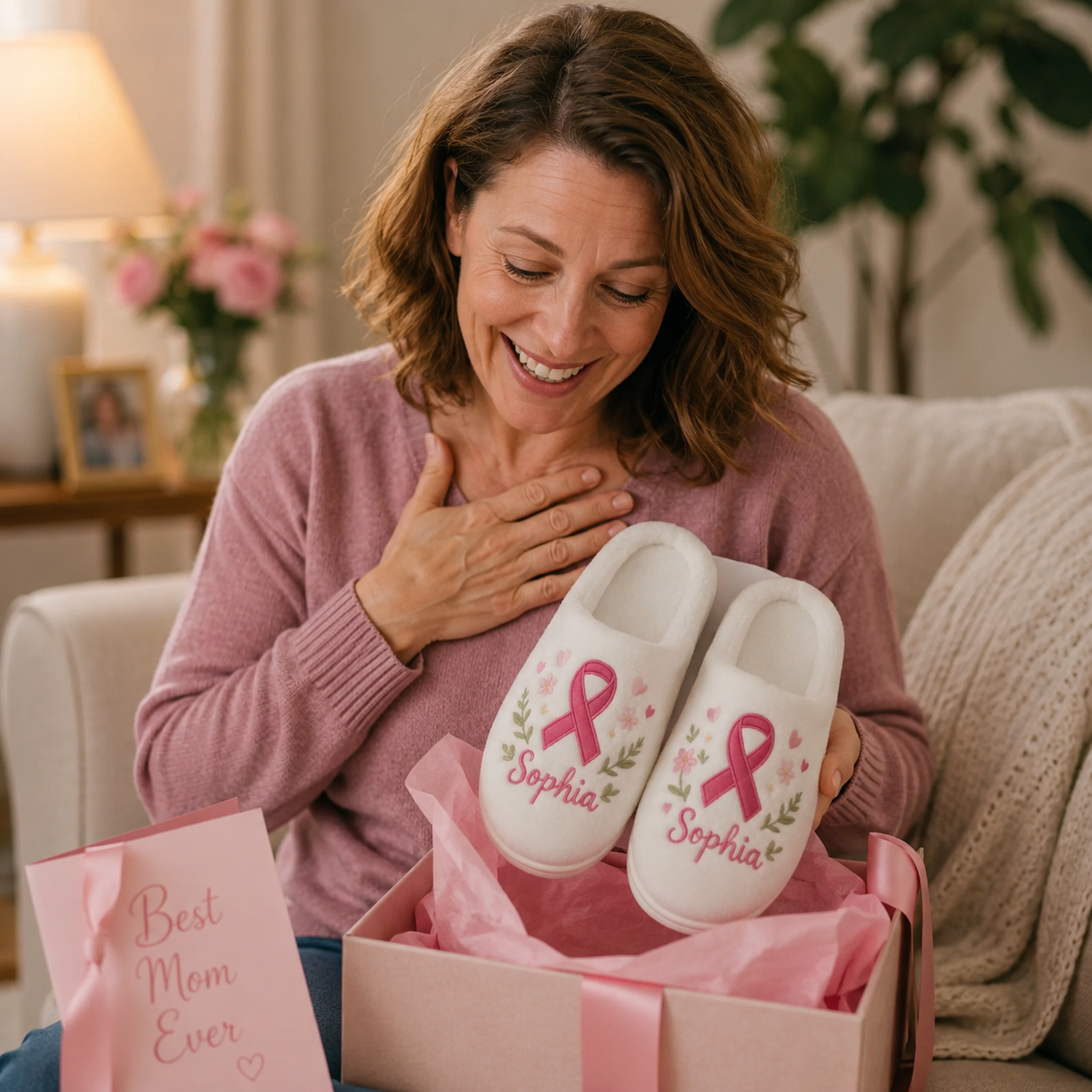 Personalized 3D Printed Effect Breast Cancer Cotton Slippers – Meaningful Awareness Gift with Custom Name