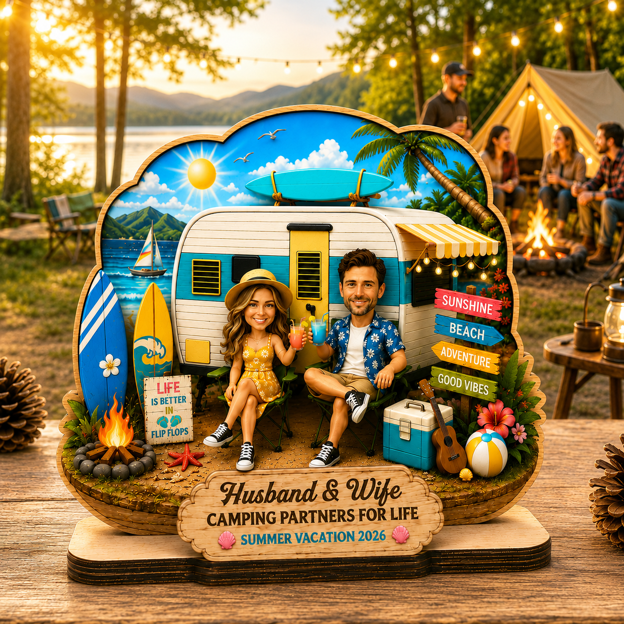 Couple Summer Vacation Beach Camping - Personalized Wood Sign - Gift For Couple, Campers, Outdoor Campsite Decor