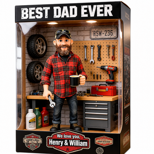 Personalized Mechanic Dad Action Figure, Best Dad Ever Garage Diorama, Custom Photo Miniature, Father's Day Gift, Garage Workshop Keepsake
