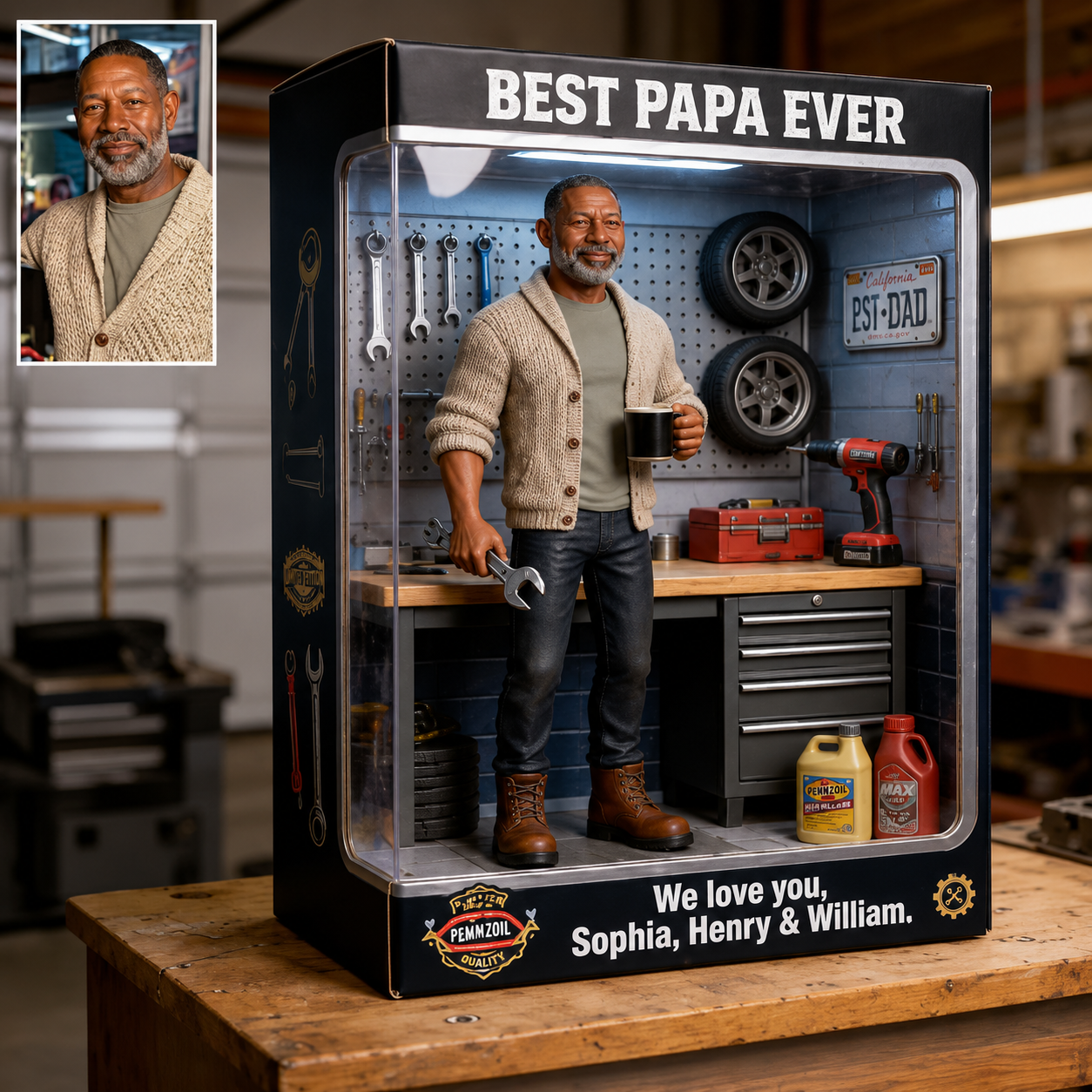 Personalized Mechanic Dad Action Figure, Best Dad Ever Garage Diorama, Custom Photo Miniature, Father's Day Gift, Garage Workshop Keepsake