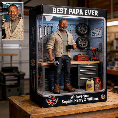 Personalized Mechanic Dad Action Figure, Best Dad Ever Garage Diorama, Custom Photo Miniature, Father's Day Gift, Garage Workshop Keepsake