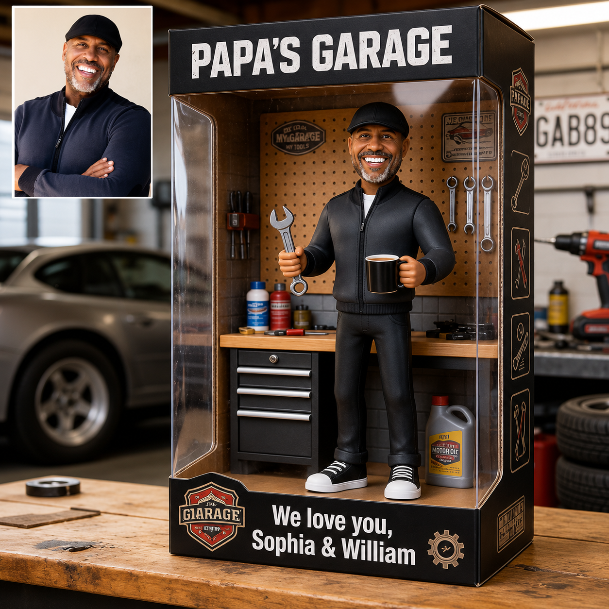 Personalized Mechanic Dad Action Figure, Best Dad Ever Garage Diorama, Custom Photo Miniature, Father's Day Gift, Garage Workshop Keepsake
