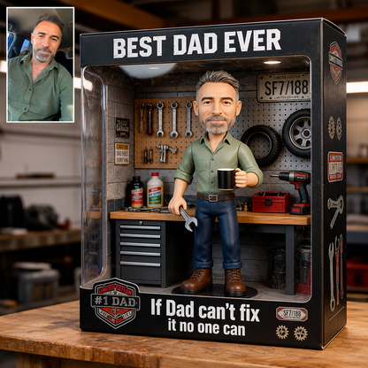 Personalized Mechanic Dad Action Figure, Best Dad Ever Garage Diorama, Custom Photo Miniature, Father's Day Gift, Garage Workshop Keepsake
