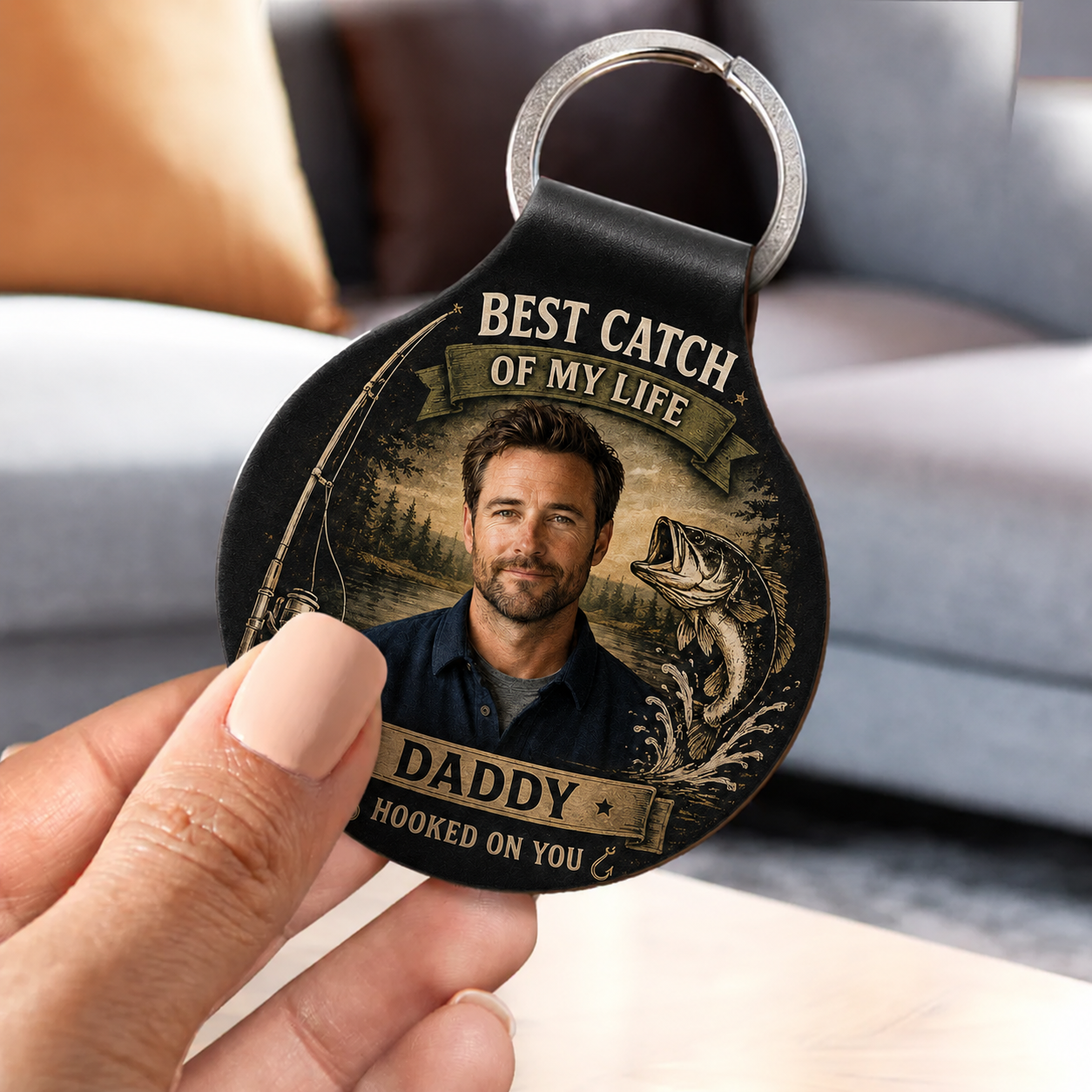 Custom Photo Best Catch Of My Life Daddy, Personalized Fishing Gift Leather Keychain