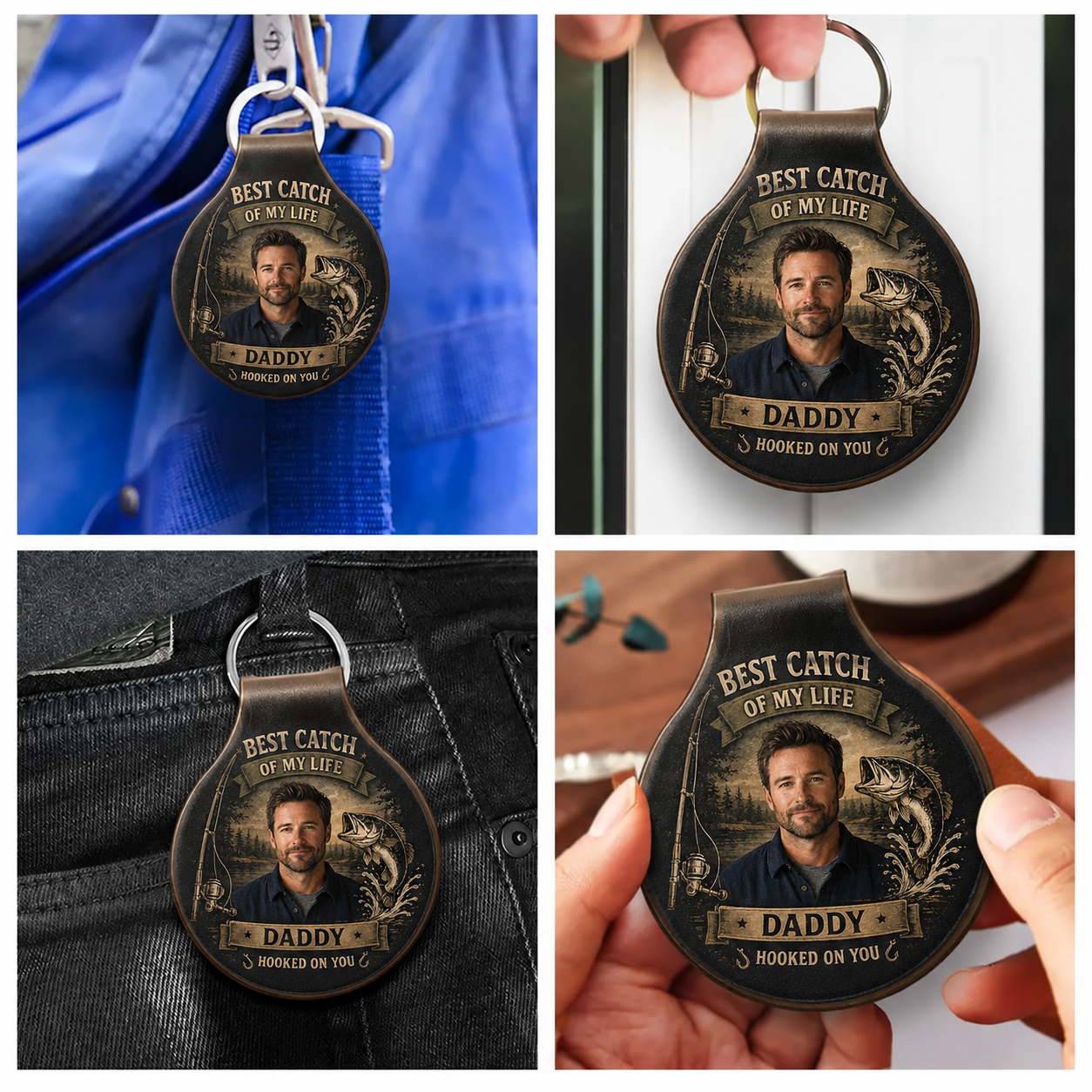 Custom Photo Best Catch Of My Life Daddy, Personalized Fishing Gift Leather Keychain