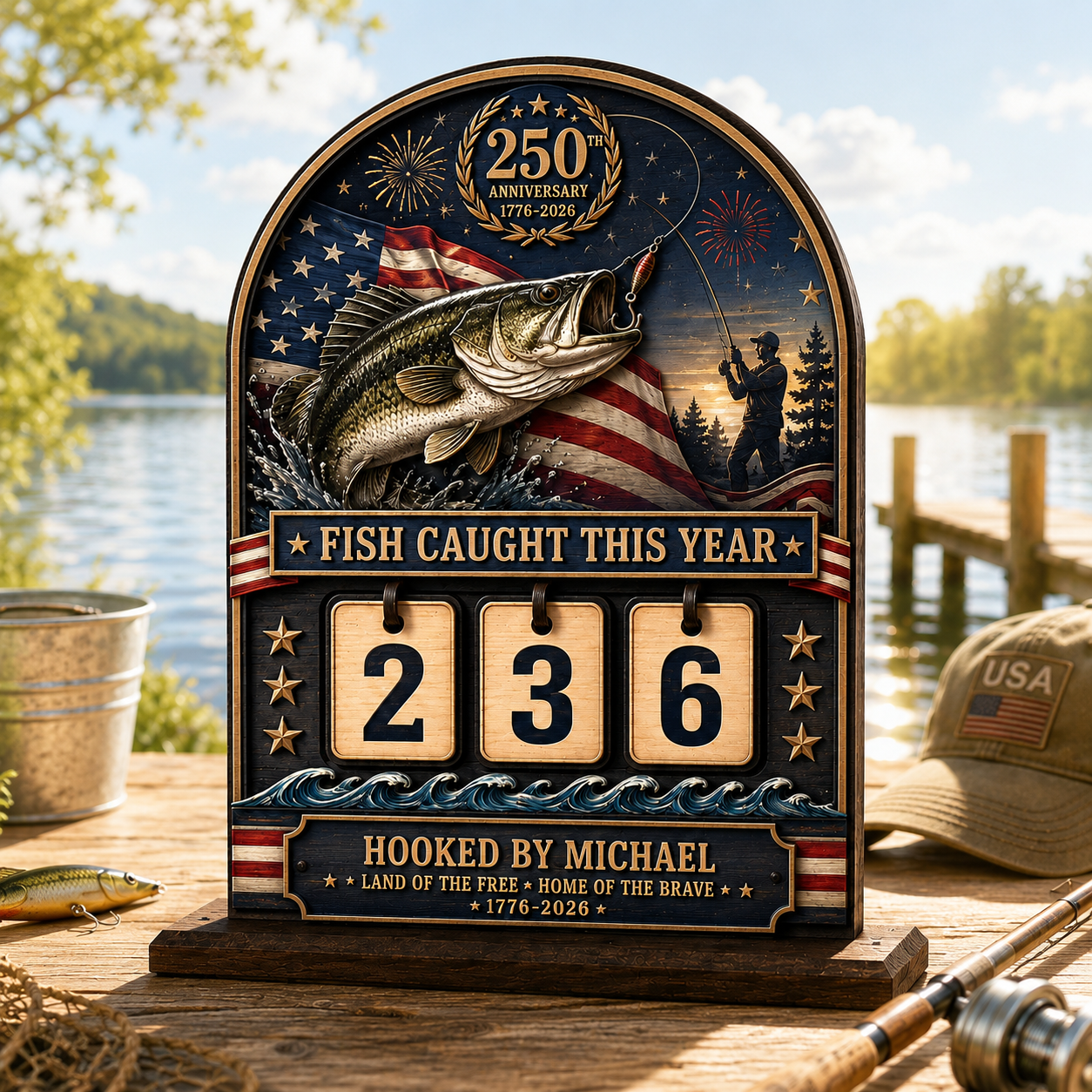 Personalized America 250th Anniversary Fishing Tracker Sign – Fish Caught This Year – Custom 2-Layered Wooden Plaque