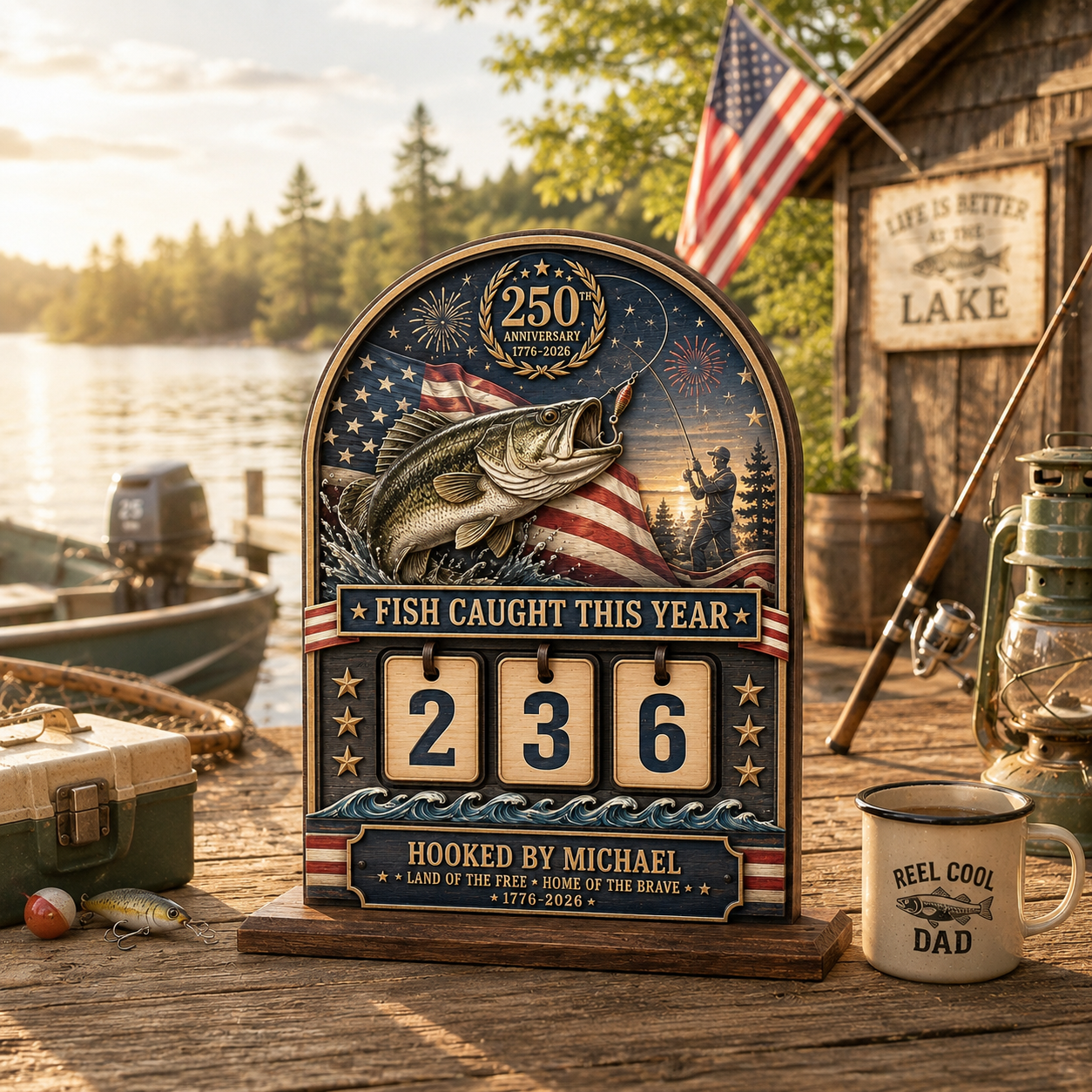 Personalized America 250th Anniversary Fishing Tracker Sign – Fish Caught This Year – Custom 2-Layered Wooden Plaque