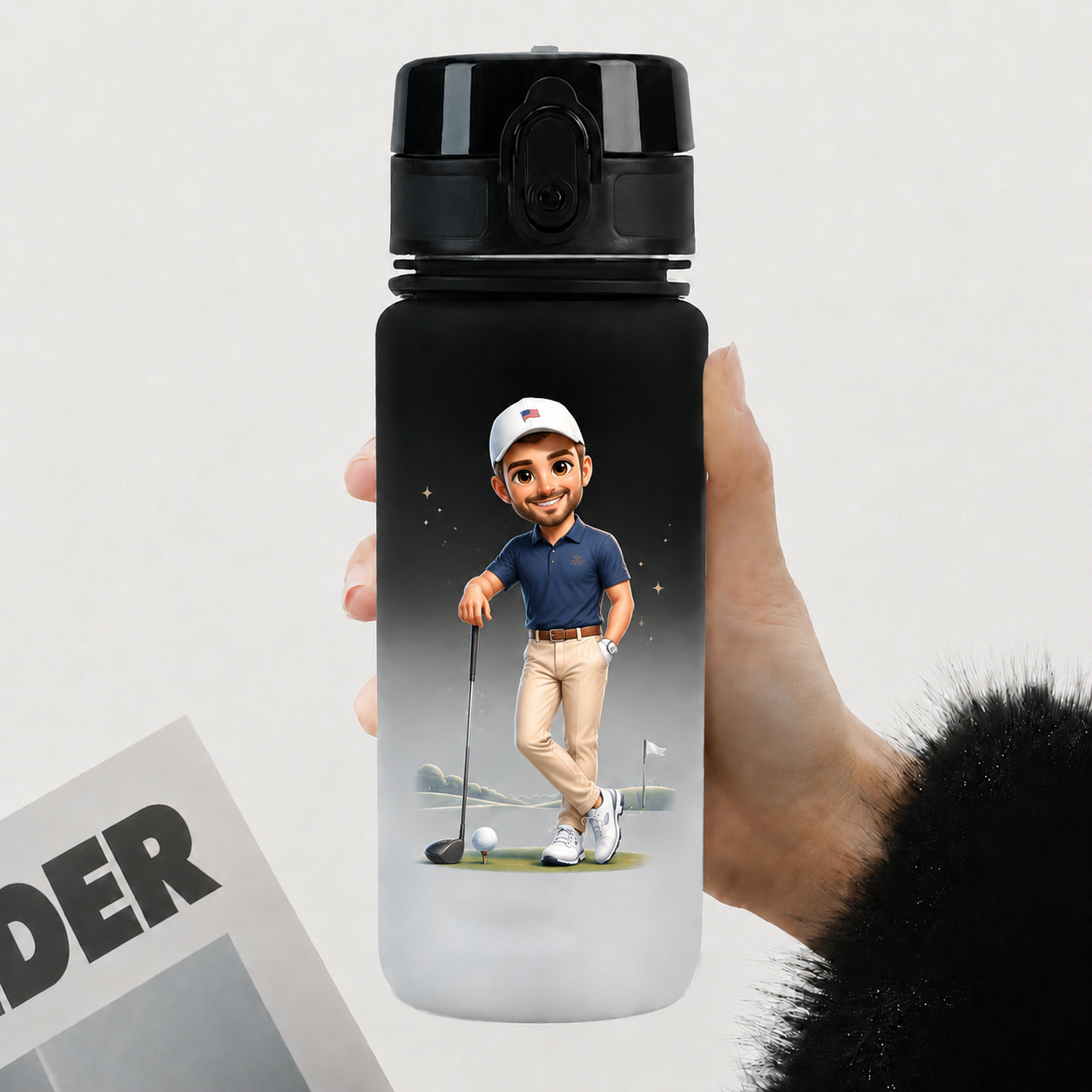 Personalized Cartoon Golf Character Name Gradient Sports Water Bottle with Flip Top Lid and Strap Birthday Gift for Golf Lovers