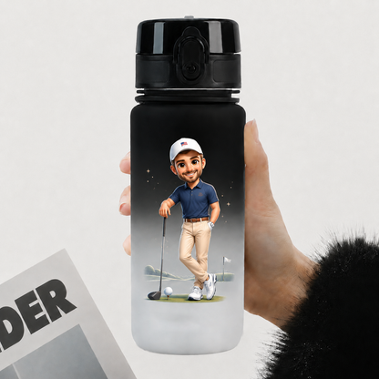Personalized Cartoon Golf Character Name Gradient Sports Water Bottle with Flip Top Lid and Strap Birthday Gift for Golf Lovers