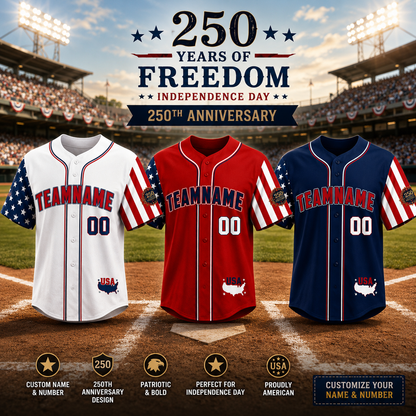 Personalized America 250th Anniversary Baseball Jersey – Independence Day Patriotic Fan Gift – Custom Name & Number 3D Jersey