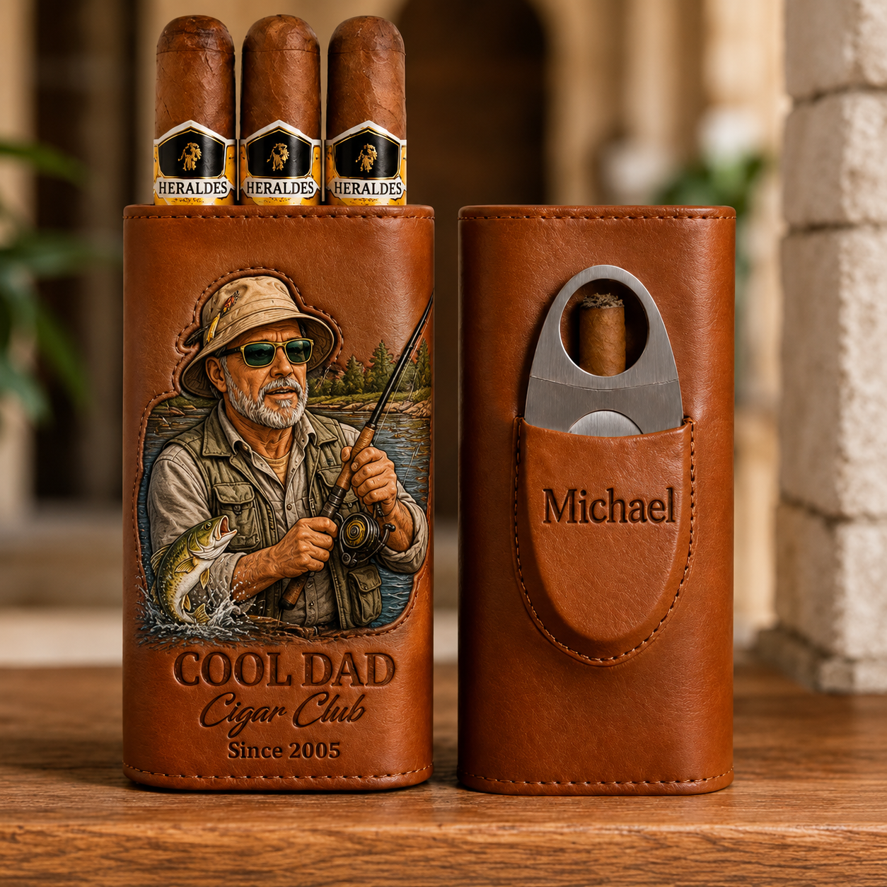Personalized Fisherman Cigar Case, Leather Cigar Holder with Cutter, Fishing Lover Gift for Dad, Husband