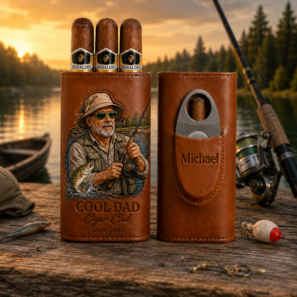 Personalized Fisherman Cigar Case, Leather Cigar Holder with Cutter, Fishing Lover Gift for Dad, Husband
