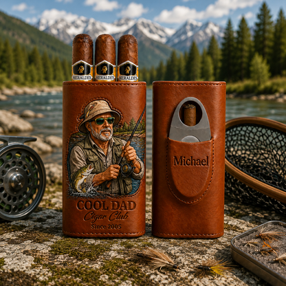 Personalized Fisherman Cigar Case, Leather Cigar Holder with Cutter, Fishing Lover Gift for Dad, Husband