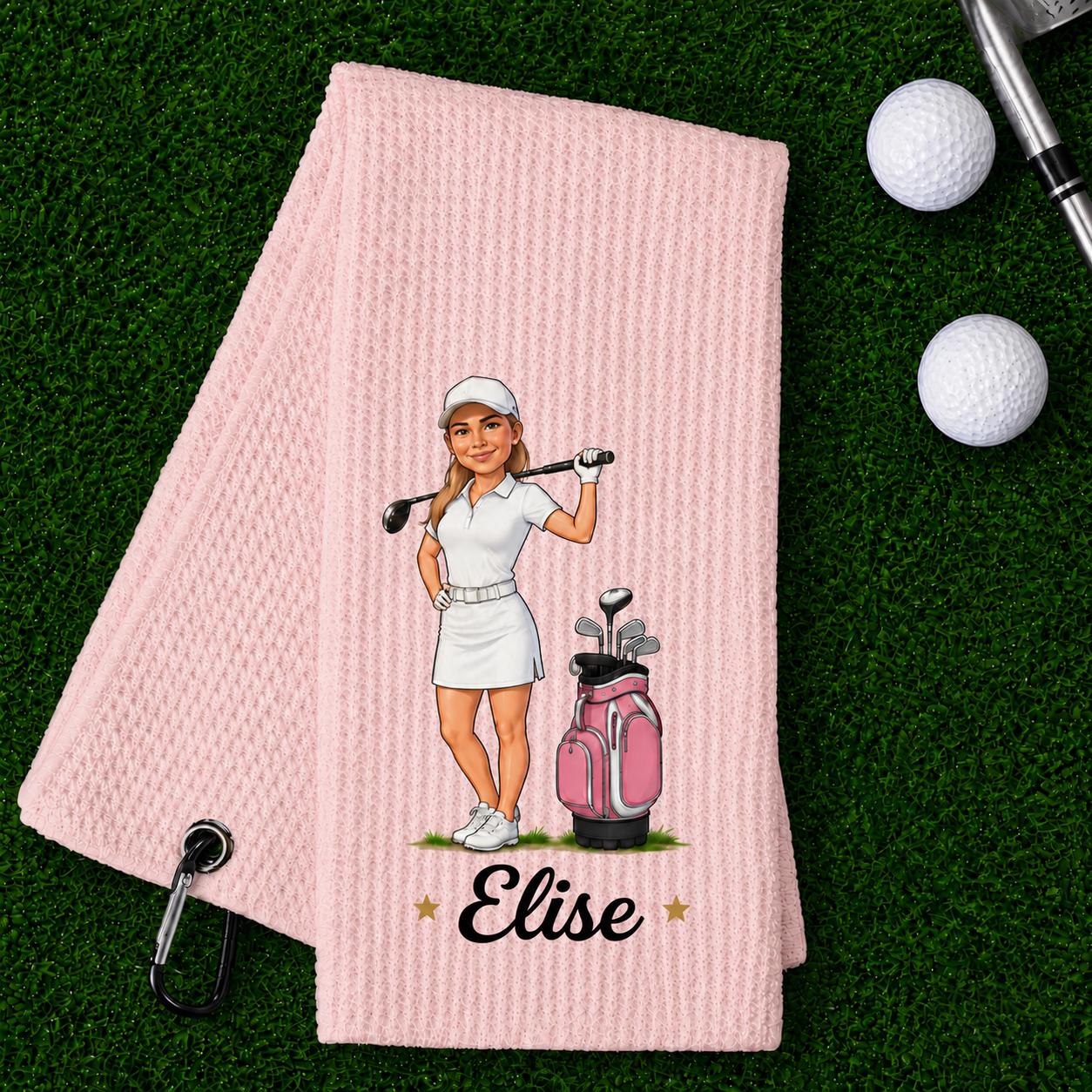 Personalised Cartoon Character Absorbent Waffle Golf Towel with Name and Initial Hanging Clip Sports Accessories Birthday Gift for Golf Player