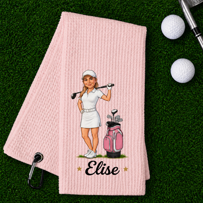 Personalised Cartoon Character Absorbent Waffle Golf Towel with Name and Initial Hanging Clip Sports Accessories Birthday Gift for Golf Player