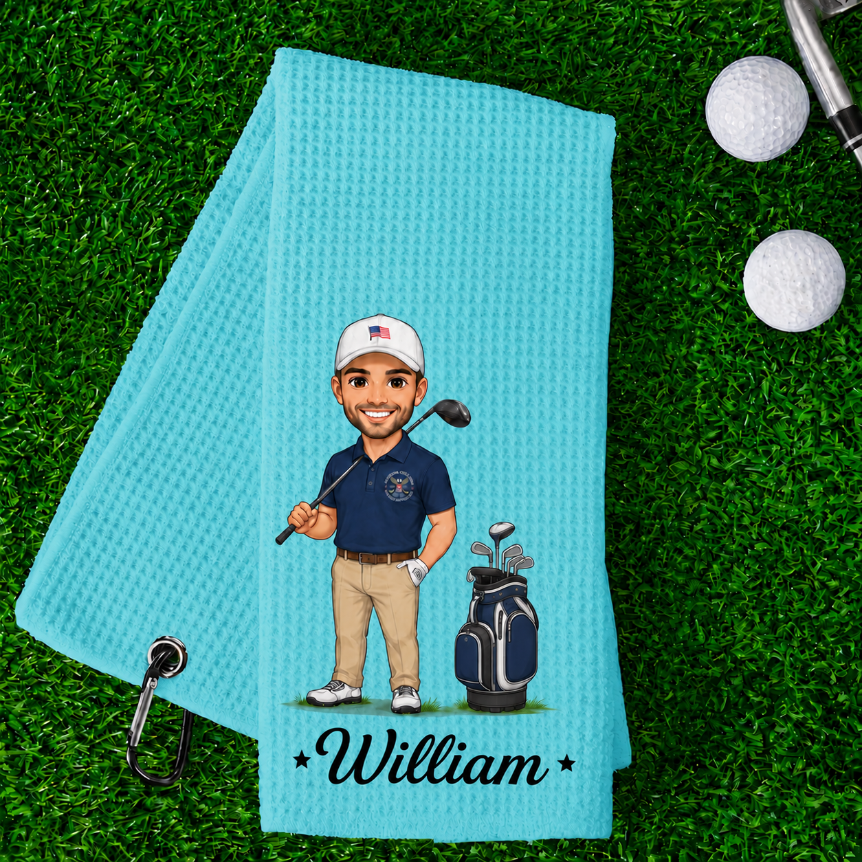 Personalised Cartoon Character Absorbent Waffle Golf Towel with Name and Initial Hanging Clip Sports Accessories Birthday Gift for Golf Player