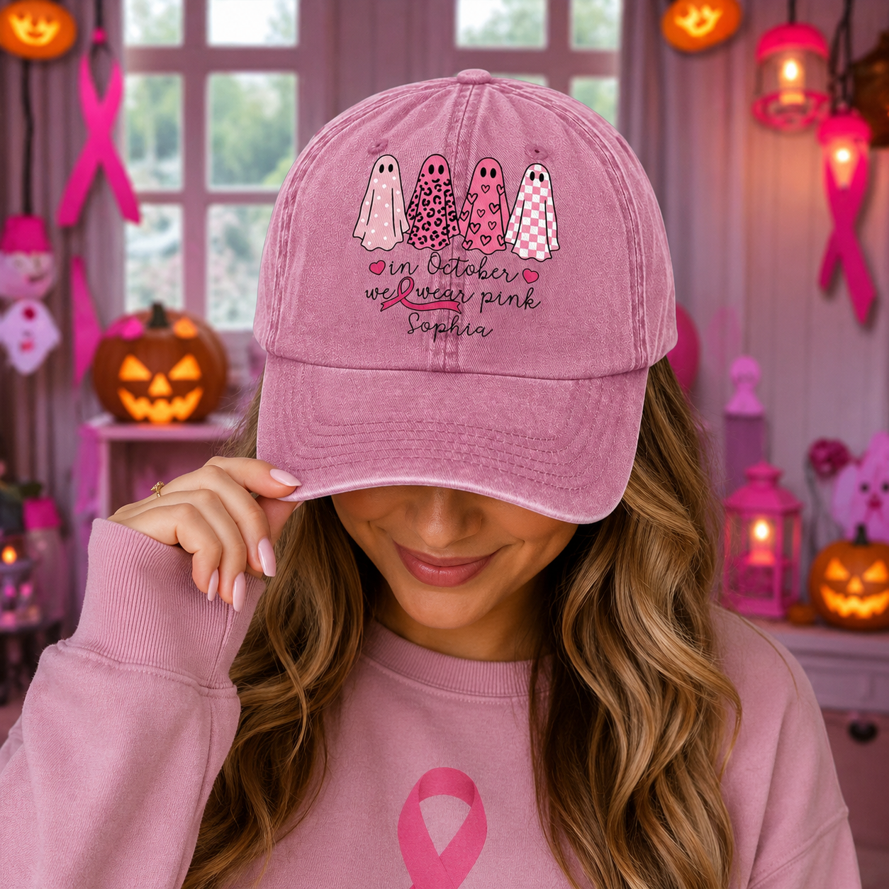 Custom Name In October We Wear Pink Ghosts - Personalized Breast Cancer Awareness Baseball Cap