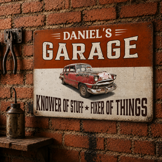 Personalized Garage Metal Sign, Custom Name Vintage Garage Wall Decor, Mechanic Gift for Dad, Man Cave Workshop Sign
