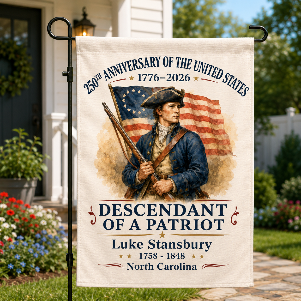 Personalized 250th Anniversary of America Garden Flag – Custom Name Descendant Of A Patriot – 1776–2026 Patriotic Outdoor Decor Gift