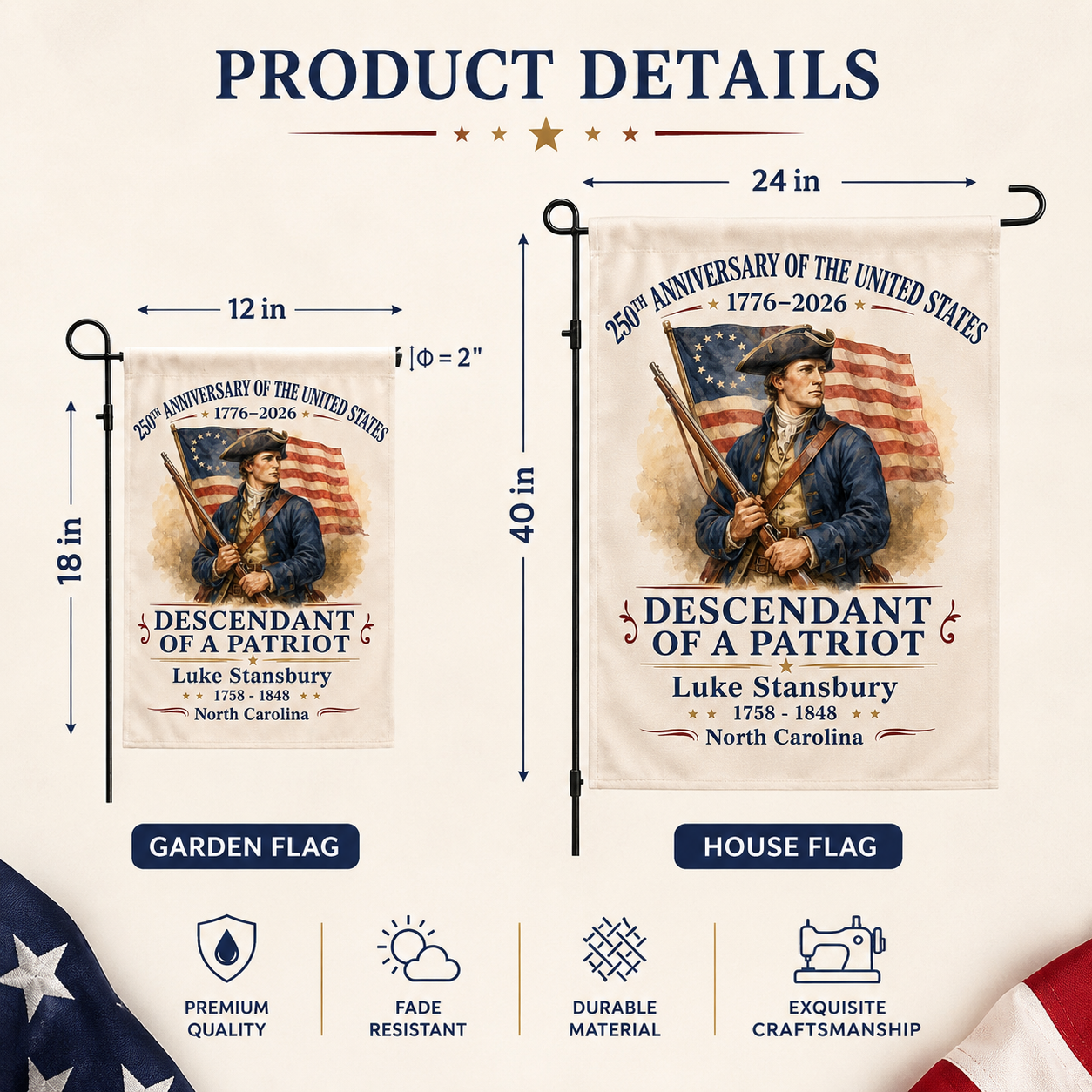 Personalized 250th Anniversary of America Garden Flag – Custom Name Descendant Of A Patriot – 1776–2026 Patriotic Outdoor Decor Gift
