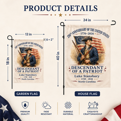 Personalized 250th Anniversary of America Garden Flag – Custom Name Descendant Of A Patriot – 1776–2026 Patriotic Outdoor Decor Gift