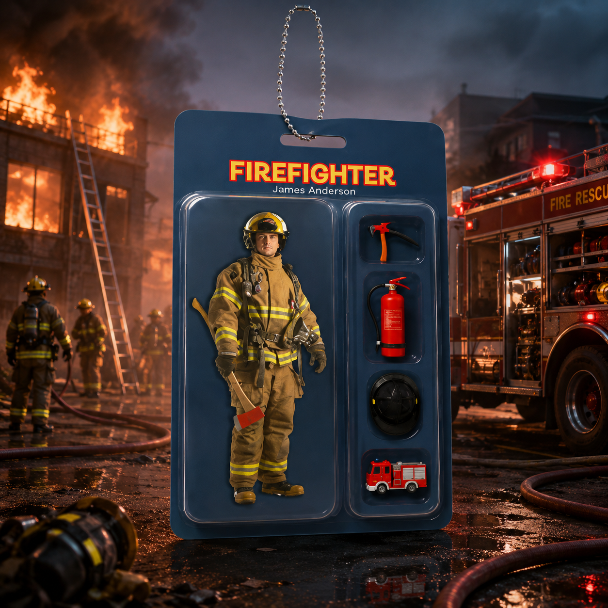 Personalised Photo 3D Effect Cartoon Fireman Acrylic Keychain with Department Position and Name Birthday Gift for Fireman