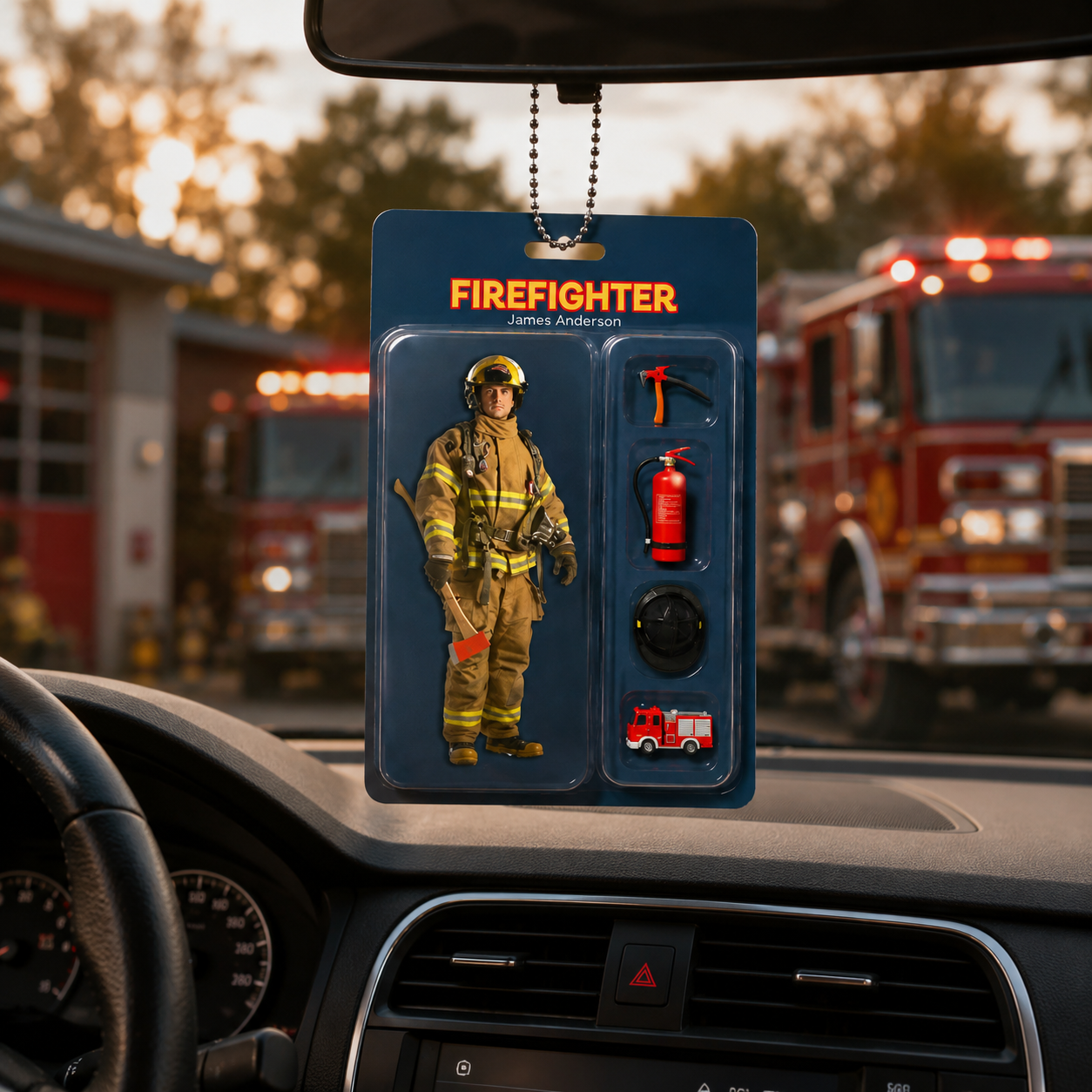 Personalised Photo 3D Effect Cartoon Fireman Acrylic Keychain with Department Position and Name Birthday Gift for Fireman