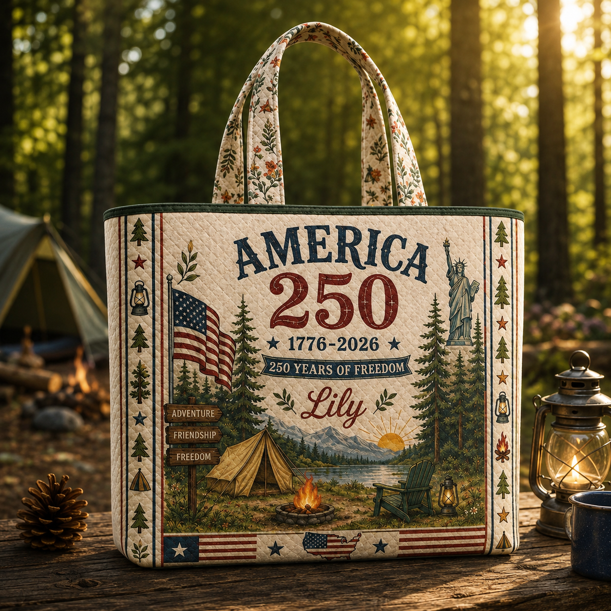 Custom Name America 250 Years of Freedom Tote Bag - Personalized Patriotic Camping Tote Bag