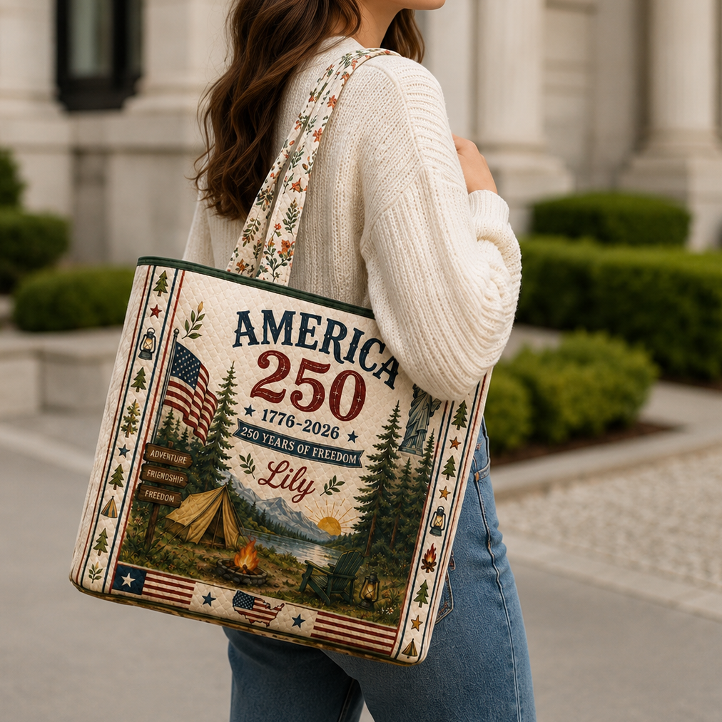 Custom Name America 250 Years of Freedom Tote Bag - Personalized Patriotic Camping Tote Bag