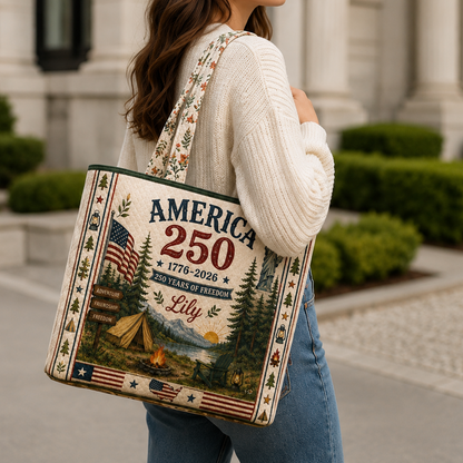 Custom Name America 250 Years of Freedom Tote Bag - Personalized Patriotic Camping Tote Bag
