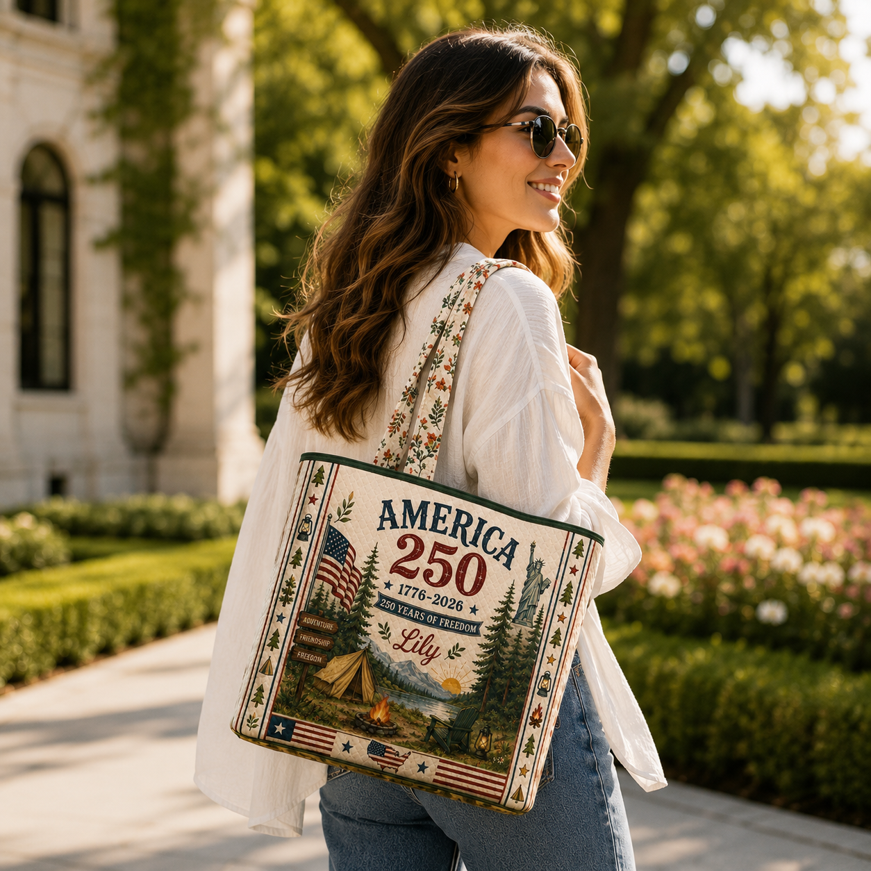 Custom Name America 250 Years of Freedom Tote Bag - Personalized Patriotic Camping Tote Bag
