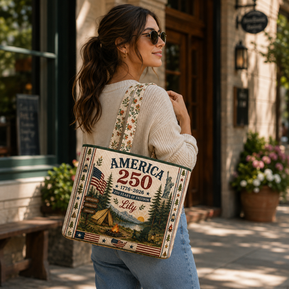 Custom Name America 250 Years of Freedom Tote Bag - Personalized Patriotic Camping Tote Bag