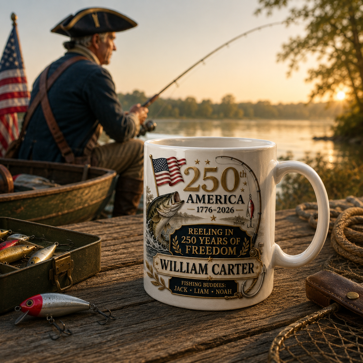 Personalized America 250th Anniversary Fishing Mug – Custom Name Reeling In 250 Years Of Freedom Coffee Cup – Patriotic Fisherman Gift