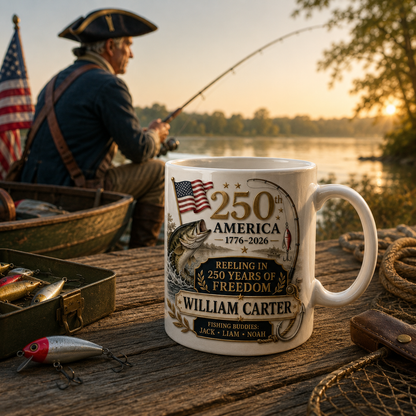 Personalized America 250th Anniversary Fishing Mug – Custom Name Reeling In 250 Years Of Freedom Coffee Cup – Patriotic Fisherman Gift
