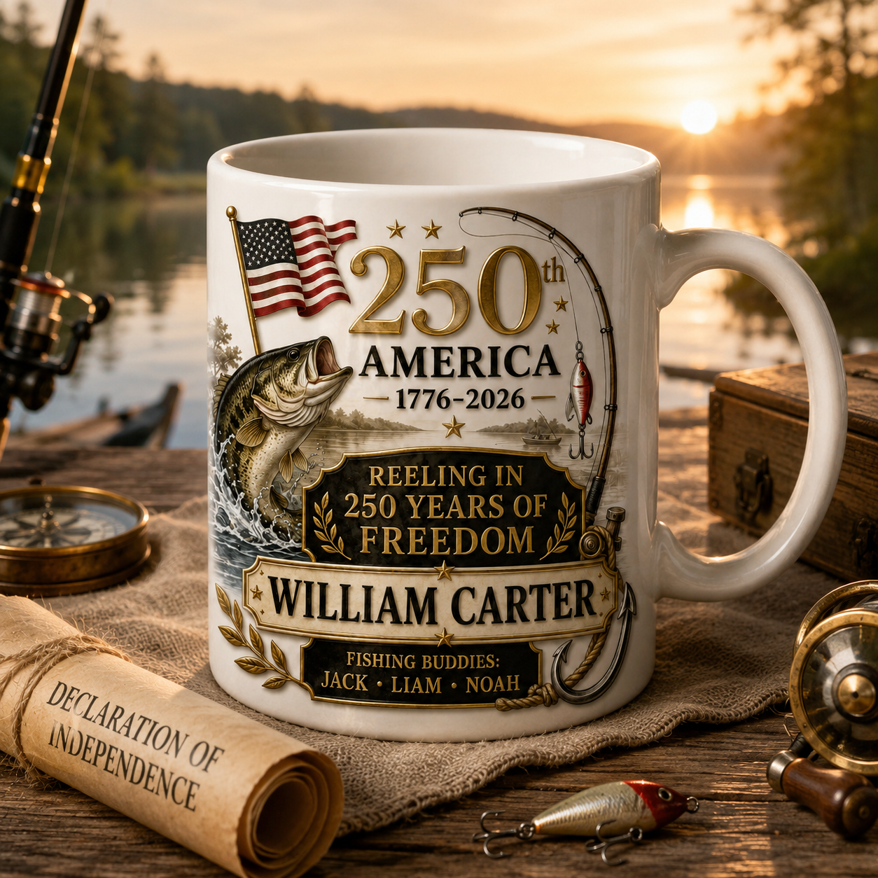 Personalized America 250th Anniversary Fishing Mug – Custom Name Reeling In 250 Years Of Freedom Coffee Cup – Patriotic Fisherman Gift