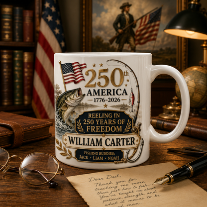 Personalized America 250th Anniversary Fishing Mug – Custom Name Reeling In 250 Years Of Freedom Coffee Cup – Patriotic Fisherman Gift