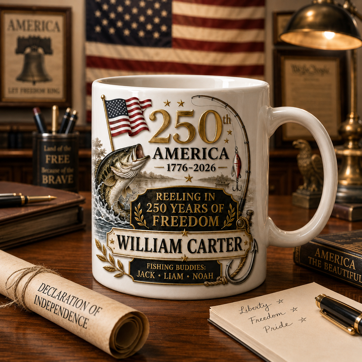 Personalized America 250th Anniversary Fishing Mug – Custom Name Reeling In 250 Years Of Freedom Coffee Cup – Patriotic Fisherman Gift