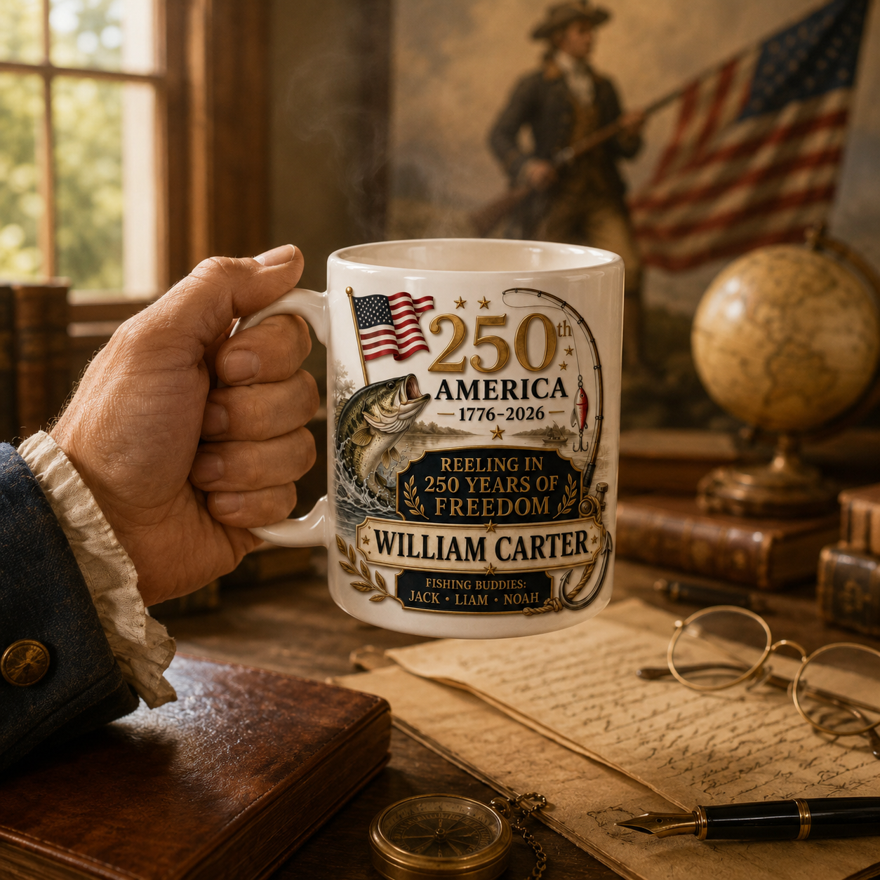 Personalized America 250th Anniversary Fishing Mug – Custom Name Reeling In 250 Years Of Freedom Coffee Cup – Patriotic Fisherman Gift