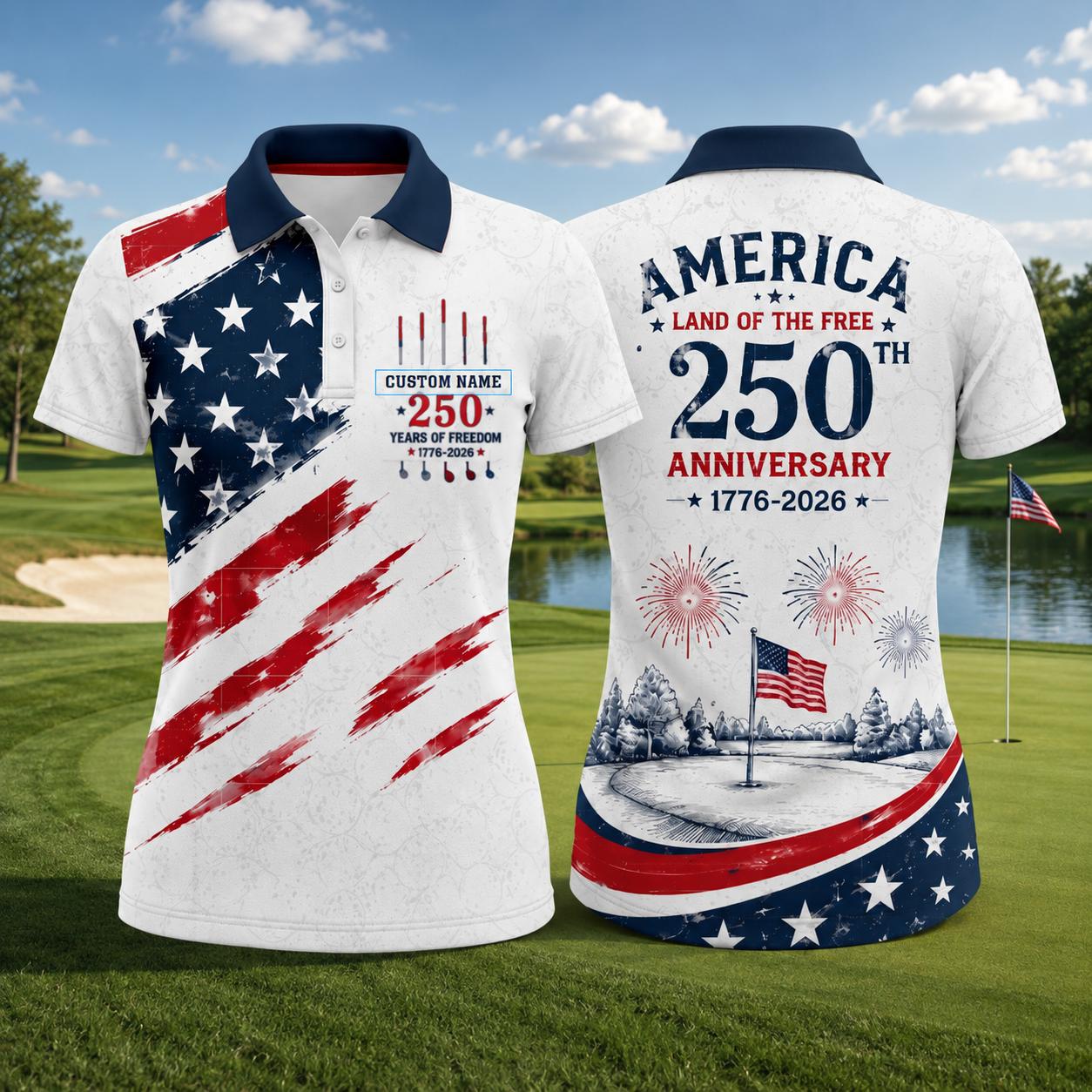 Personalized America 250th Anniversary Women’s Golf Polo – Custom Name Patriotic Golf Shirt – 1776–2026 Gift