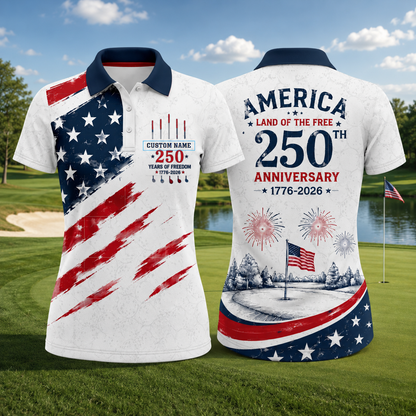 Personalized America 250th Anniversary Women’s Golf Polo – Custom Name Patriotic Golf Shirt – 1776–2026 Gift