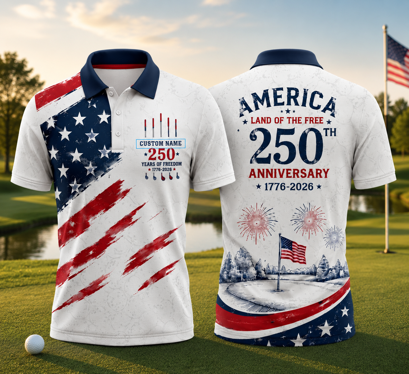 Personalized America 250th Anniversary Women’s Golf Polo – Custom Name Patriotic Golf Shirt – 1776–2026 Gift
