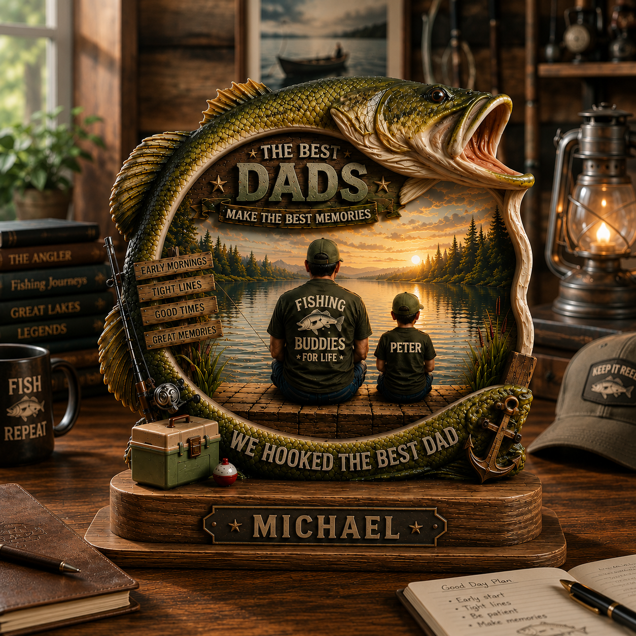 We Hooked The Best Dad – Personalized Fishing Dad Wooden Plaque – Custom Gift For Fishing Dad & Husband