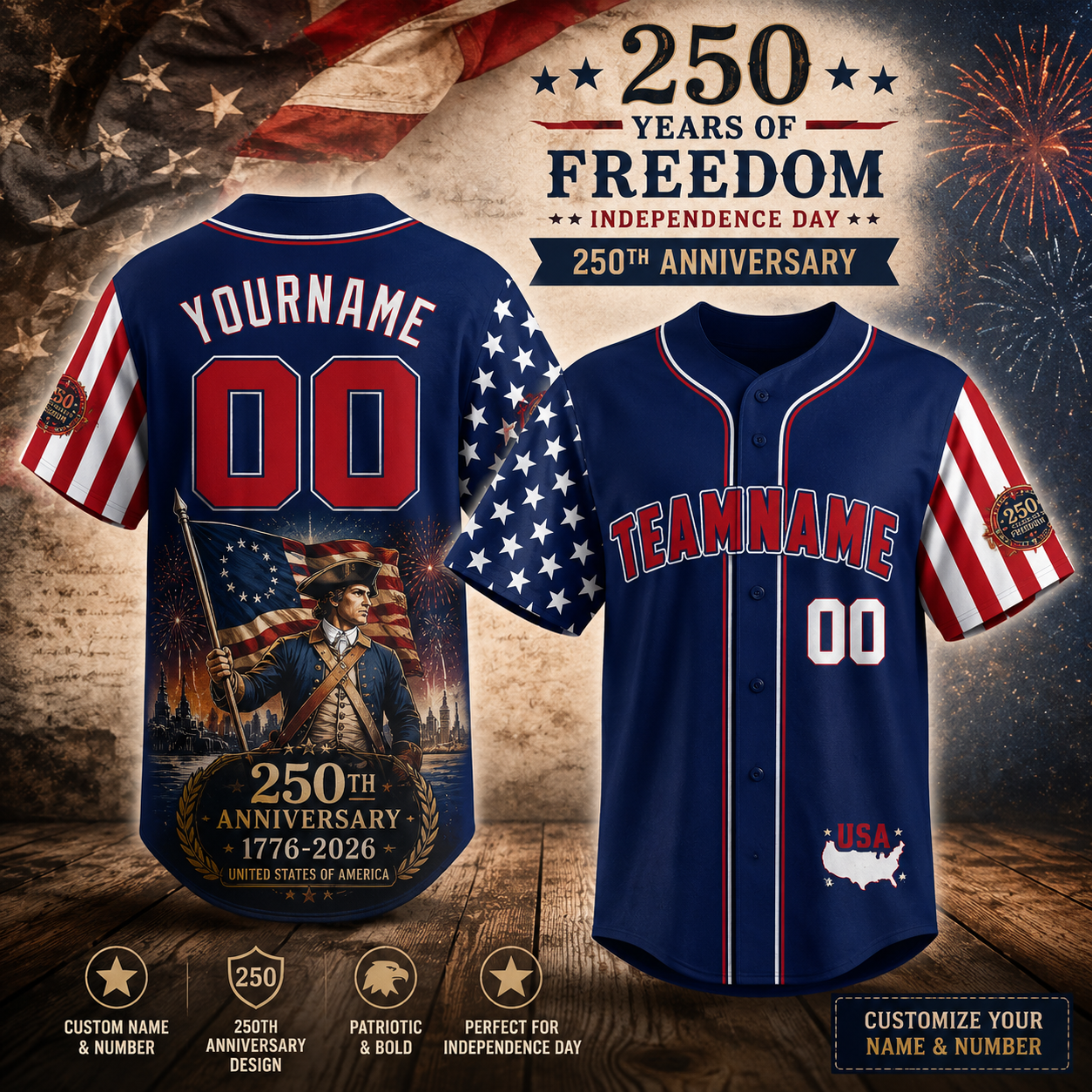 Personalized America 250th Anniversary Baseball Jersey – Independence Day Patriotic Fan Gift – Custom Name & Number 3D Jersey